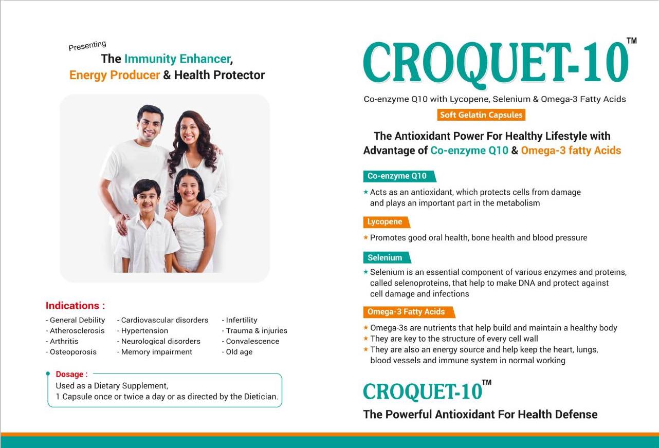 CROQUET-10 Meta Keywords: Croquet-10, Coenzyme Q10, omega-3 supplement, antioxidant capsule, heart health, immunity booster, selenium supplement, lycopene softgel, energy support, cardiovascular health